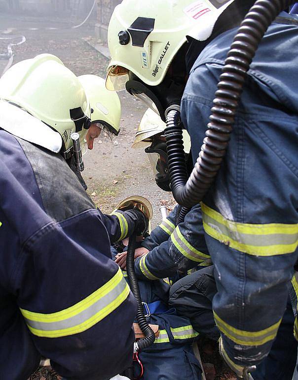 Hasiči předvedli dětem záchranu osoby z druhého patra hořícího zámku v Chodové Plané a policie ukázala výcvik psů.