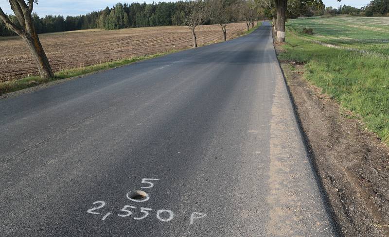 Sondy na vozovce silnice mezi Chodovou Planou a Kyjovem.