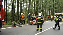 Při nehodě Škody Fabia RS byl těžce zraněn spolujezdec. Mladý šofér vyvázl s lehčími zraněními. Oba byli letecky traportováni do plzeňské fakultní nemocnice na Lochotíně.