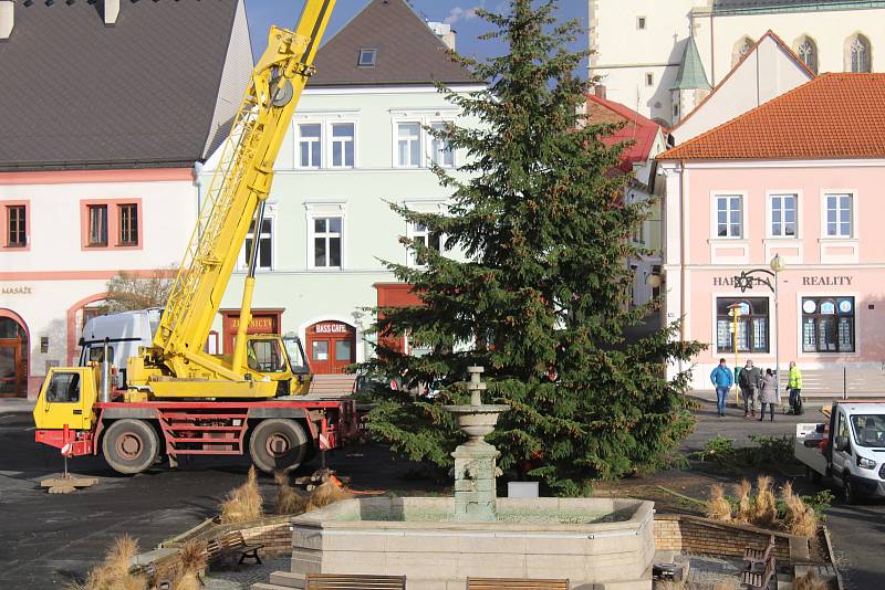Usazení vánočního stromu na náměstí.
