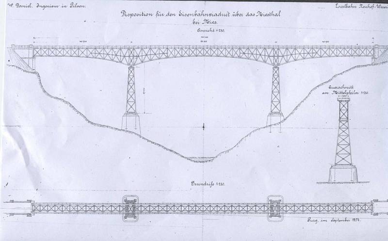 Nákres viaduktu nad údolím Mže, jak jej zachytili projektanti stavby na konci 19. století. 