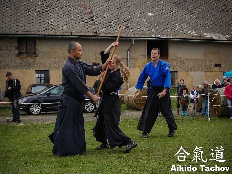 Členové klubů aikido a bujinkan při exhibici na Kříženci.