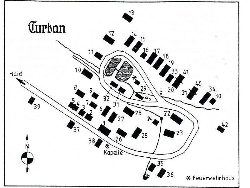 Mapka předválečného uspořádání Borovan. Do farnosti ve Starém Sedle patřily domy 22 a 21. Repro z knihyTurban und Gossau (Borovany a Kosov)