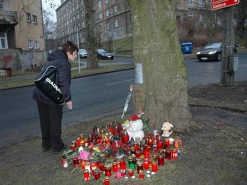 Plamínky smutečních svíček jsou vidět na dálku. Řidiči projíždějící místem přibržďují a ohlíží se na památníček.