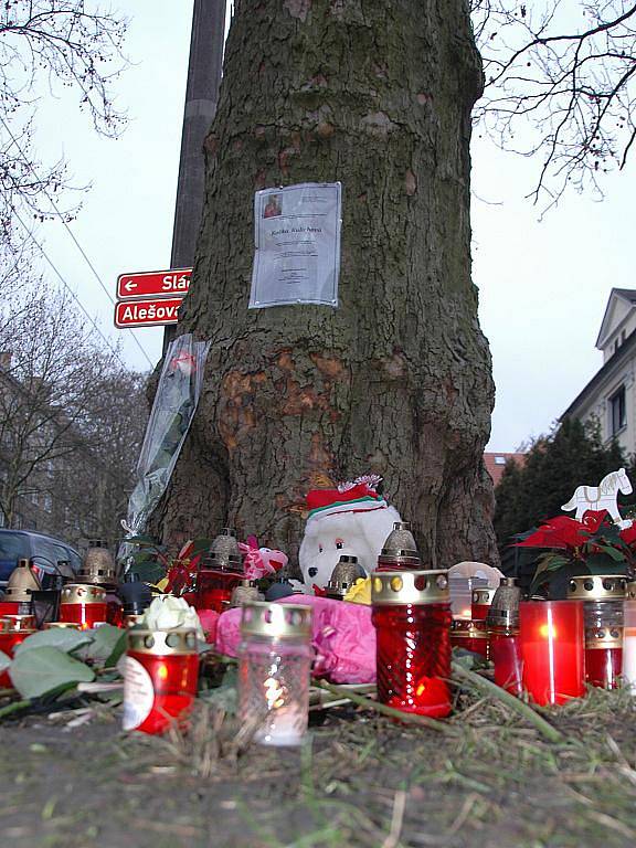 Plamínky smutečních svíček jsou vidět na dálku. Řidiči projíždějící místem přibržďují a ohlíží se na památníček.