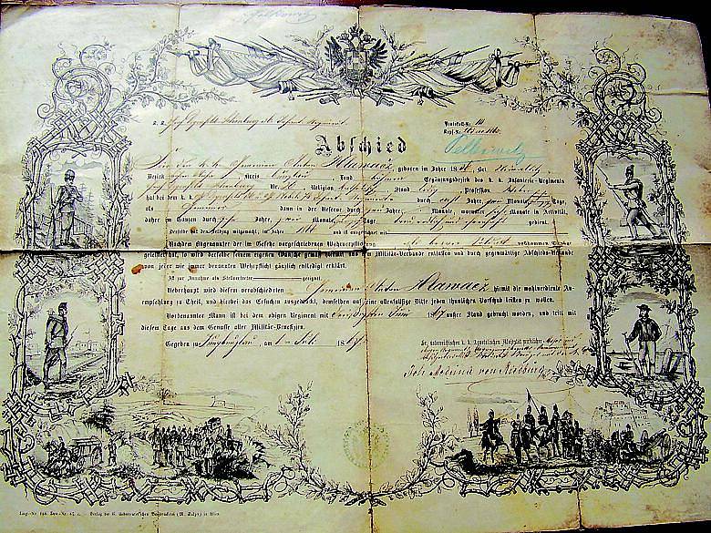 Pamětní rozlučkový list Antonína Hlaváče z císařské rakouské armády.