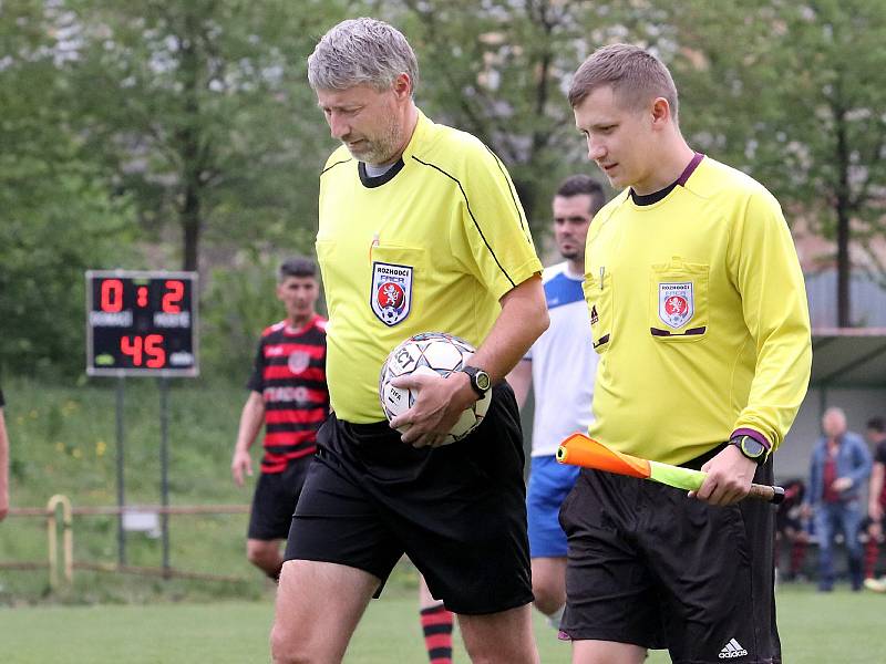 I.B třida. Trmičtí (bílomodří) do poločasu statečně vzdorovali, pak je soupeři z Unionu Děčín (červenočerní) zdeptali jedenácti góly. Fotbal ilustrační