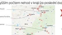 Mapa nehod v Ústeckém kraji.