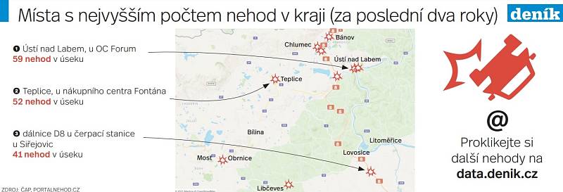 Mapa nehod v Ústeckém kraji.