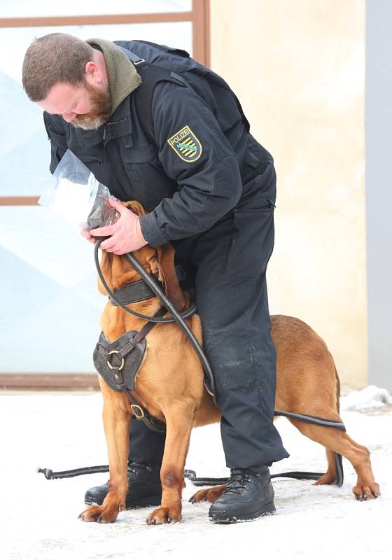 Psovod Jörg Kempe a fenka Hipi při pátrání po pohřešované Míše Patricii Muzikářové.