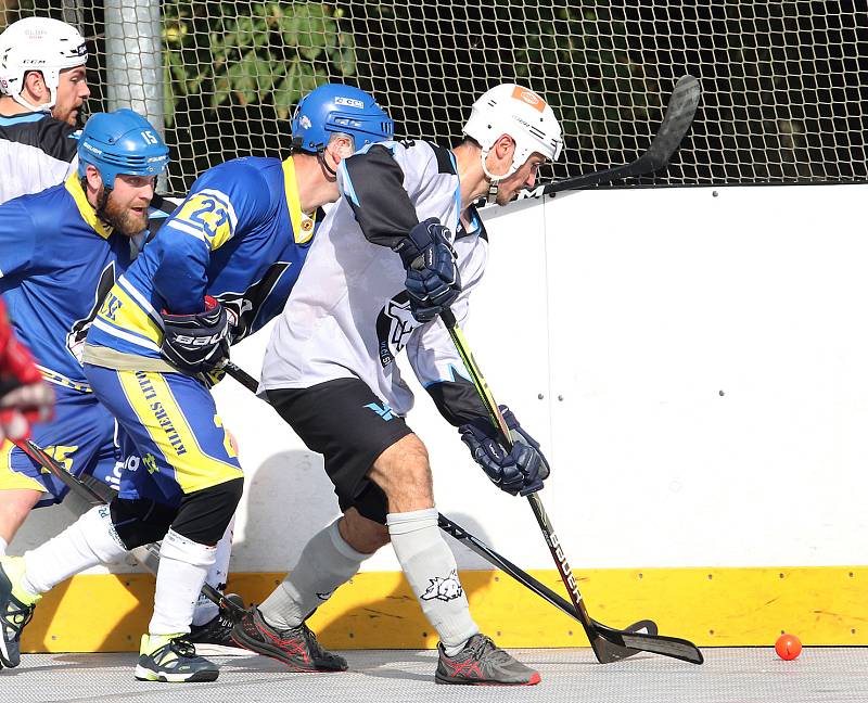 Hokejbal 2. liga - Čechy Sever. Ústecká Vlčí smečka (šedočerní) rozdrtila Killers Litoměřice (modří) 9:0.