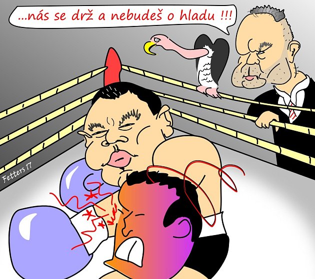 Litoměřický boxer Roman Kracík a Radovan Krejčíř perem karikaturisty Radka Fetterse.