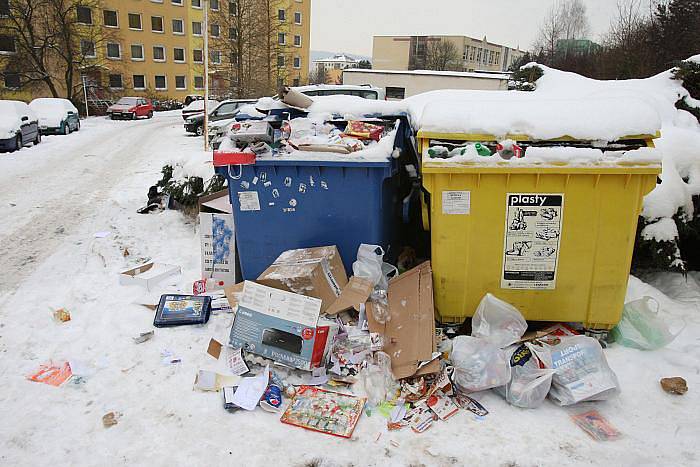 Nepořádek kolem kontejnerů na krásnobřezenském sídlišti v ulici Žežická.