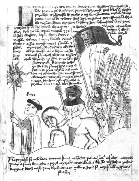 Jan Žižka v čele husitského vojska na ilustraci rukopisu z 15. století.