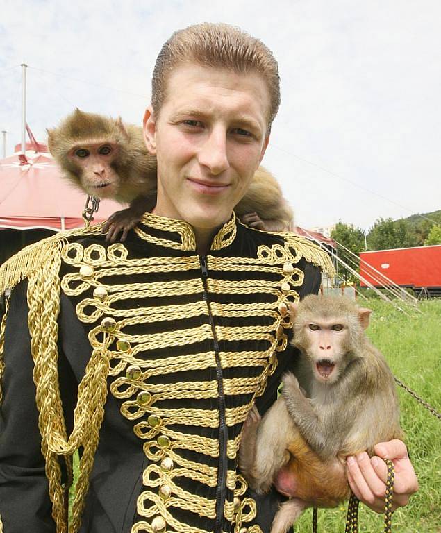 Do Ústí nad Labem zavítal cirkus Šimek. Jeho spolumajitel Josef Šimek ukazuje cvičené opičky a velblouda.