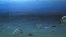 Rekonstrukce dna křídového moře v oblasti Radovesic před asi 90 miliony let. Autorem olejomalby z roku 1996 je vedoucí geolog Dolů Bílina Karel Mach