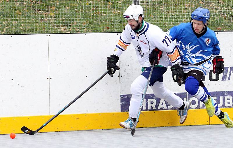 Ústečtí hokejbalisté (bílé dresy) doma porazili Letohrad 2:1.