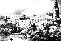 Českokrumlovský hrad, kde se odehrává větší část děje románu Rožmberské dědictví, na rytině z počátku 19. století. 