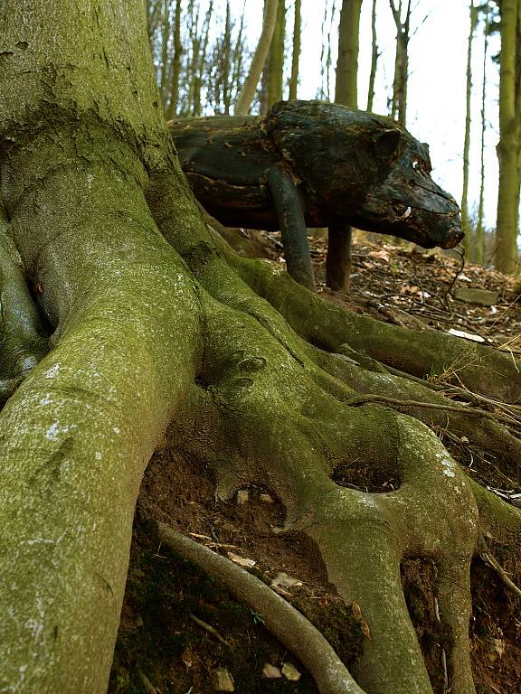 Řezbář Josef Kašpar vytvořil u Vaňova pohádkový les, kterému vévodí socha vládce moří.