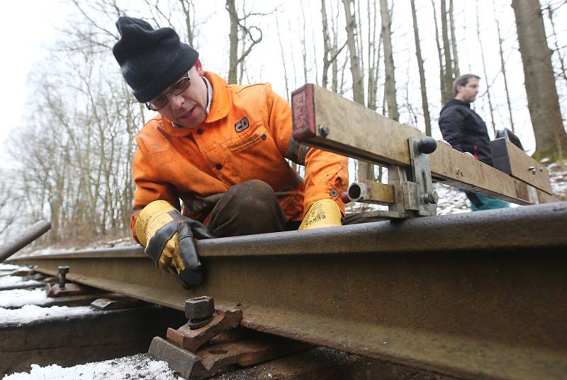 Členové sdružení Muzeální železnice v Zubrnicích dělají údržbu na kolejovém svršku. Vyměňují část poškozených pražců a nahrazují je novými.