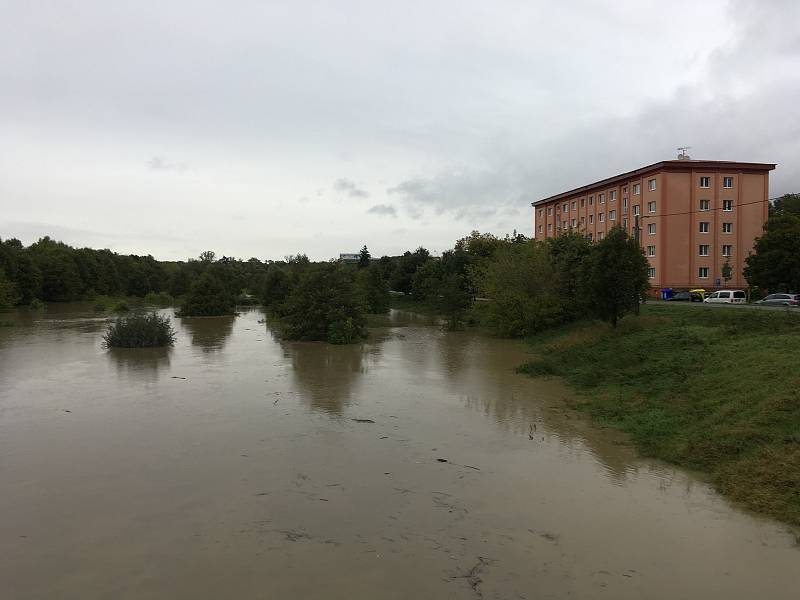 Vytrvalý déšť ve Zlínském kraji zaplavil cesty, zvedl hladiny řek. Řeka Morava nedaleko přístavu Otrokovice.