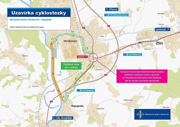 Vedení objízdné trasy během plánované dvouleté uzavírky cyklostezky mezi Otrokovicemi a Napajedly. Uzavírka začíná 27. listopadu 2023