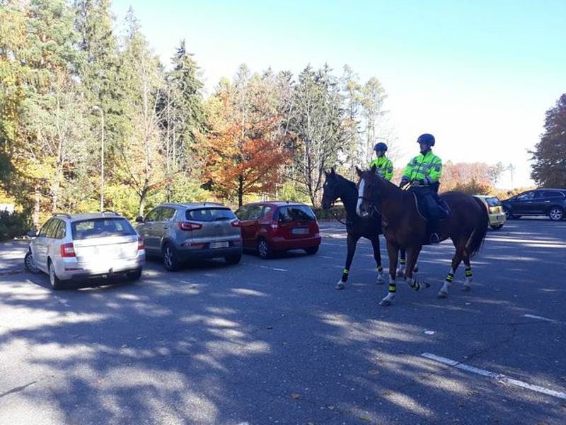 V pondělí 25. října 2021 policisté na koních společně s preventistou dohlíželi jednak na parkoviště, ale procházeli také Lesním hřbitovem a upozorňovali návštěvníky, aby si dávali pozor na cenné věci.