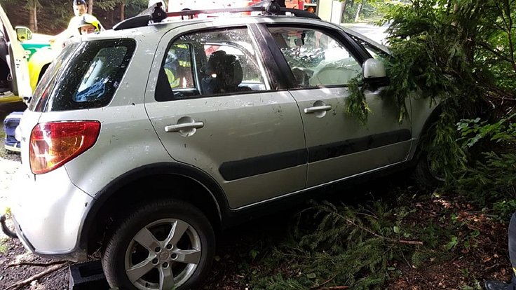 Osobní automobil narazil do stromu, který poté zablokoval dveře spolujezdce. Žena, která na místě seděla, byla odvezena do nemocnice.