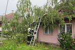 Jeden vyvrácený strom poškodil střechu, druhý zasáhl balkon domu