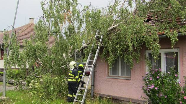 Jeden vyvrácený strom poškodil střechu, druhý zasáhl balkon domu