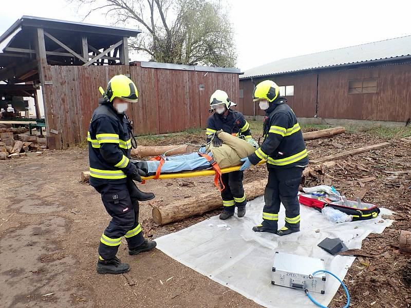 Cvičení krajských hasičů v Dobrkovicích. Námětem bylo zavalení dělníka kulatinou