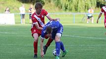 Dvizní fotbalisté Slavičína (v modrém) v rámci středečního 1. kola MOL Cupu doma vyřadili třetiligový Frýdek-Místek v prodloužení 3:2. Foto: pro Deník/Jan Zahnaš