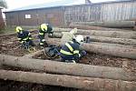 Cvičení krajských hasičů v Dobrkovicích. Námětem bylo zavalení dělníka kulatinou
