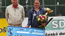 Rakušanka Melanie Klaffnerová (v bílém) ovládla 7. ročník mezinárodního tenisového turnaje žen kategorie ITF Smart Card Open Monet+ ve Zlíně, když v nedělním finále dvakrát přerušené deštěm bez větších problémů přehrála Slovenku Kristínu Kučovou 