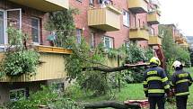 Jeden vyvrácený strom poškodil střechu, druhý zasáhl balkon domu