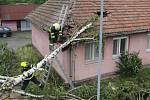 Jeden vyvrácený strom poškodil střechu, druhý zasáhl balkon domu