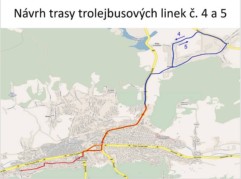 Návrh trasy nových trolejbusových linek č. 4 a 5