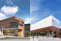 Porovnání plánovaného budoucího vzhledu Multifunkčního centra Fabrika ve Zlíně ve vizualizacích z roku 2018 a 2023 - starší verze je vlevo.