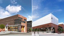 Porovnání plánovaného budoucího vzhledu Multifunkčního centra Fabrika ve Zlíně ve vizualizacích z roku 2018 a 2023 - starší verze je vlevo.