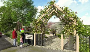 Vizualizace budoucí podoby nového arboreta s pergolou, altánem, ohništěm a amfiteátrem ve Vizovicích.
