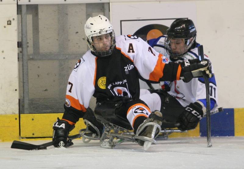 Ve Superfinále sledge hokejové ligy vyzval vítěz základní části Lapp Zlín (v černém) druhé Sharks Karlovy Vary.