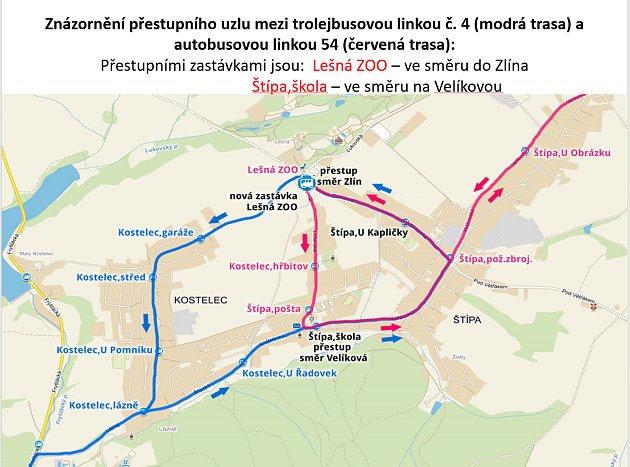 Znázornění přestupního uzlu mezi trolejbusovou linkou č. 4 (modrá trasa) a  autobusovou linkou 54 (červená trasa)