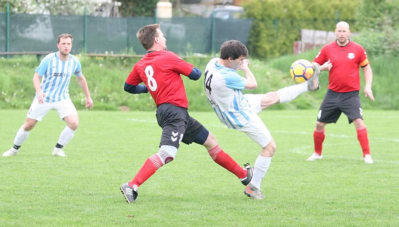 Fotbalisté Příluk (v červeném) v rámci I. B třídy skupiny A pokračují v jarní spanilé jízdě, v nedělním duelu 21. kola doma porazili 2:0 Poličnou.