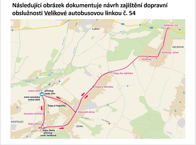 Mapa dokumentuje zajištění dopravní obslužnosti Velíkové linkou č. 54