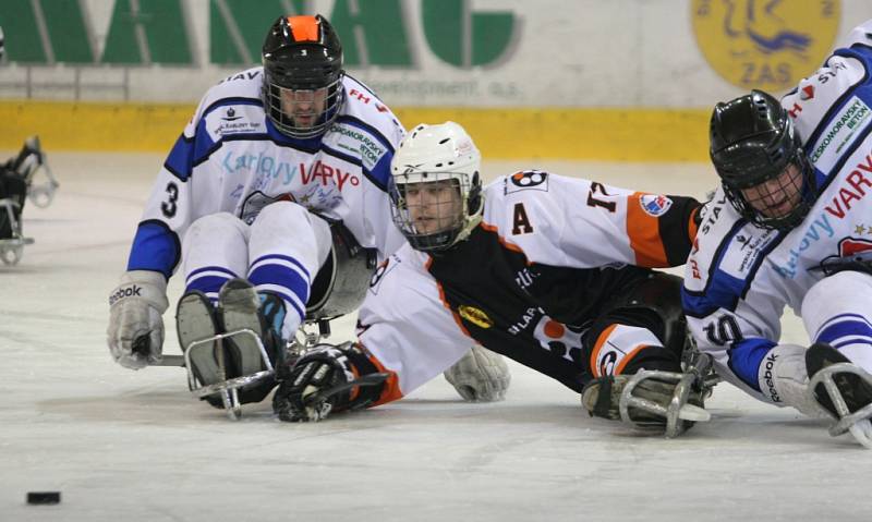 Ve Superfinále sledge hokejové ligy vyzval vítěz základní části Lapp Zlín (v černém) druhé Sharks Karlovy Vary.