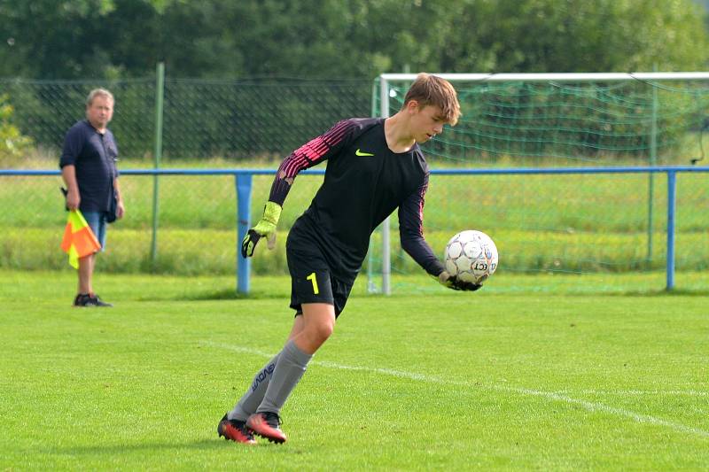 Dorostenci Tlumačova (bílé dresy) ve 3. kola krajské soutěže skupiny A podlehli Horní Lideči 1:4 a jsou bez bodu poslední.