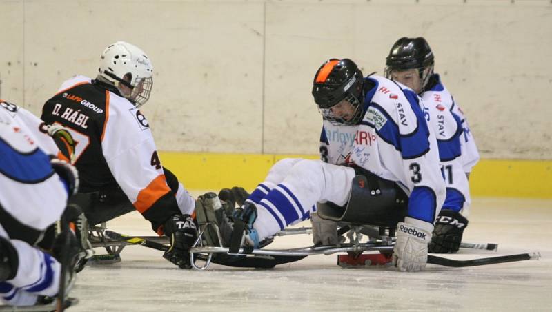 Ve Superfinále sledge hokejové ligy vyzval vítěz základní části Lapp Zlín (v černém) druhé Sharks Karlovy Vary.