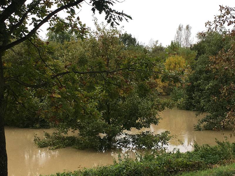 Vytrvalý déšť ve Zlínském kraji zaplavil cesty, zvedl hladiny řek. Otrokovice.