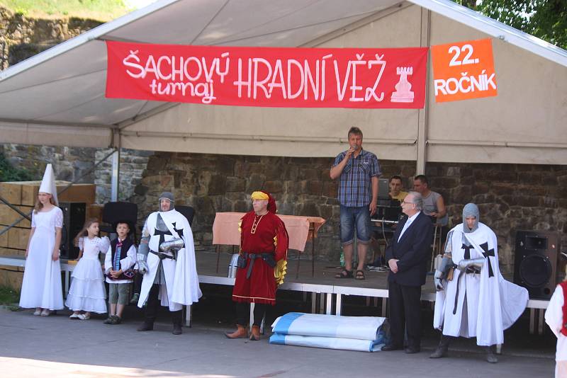 Živé šachy, bílá paní a kastelán, coby středověký královský správce. Na brumovskobylnickém hradu ze 13. století otevírali již 19. sezonu. Konal se i 22. šachový turnaj. Ve finále O pohár kněží Mariánů se utkali dva mladíci. Z hradní věže ovládali figury s