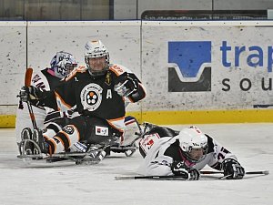 Sledge hokejisté Zlína (tmavé dresy) v úvodním duelu série o 5. místo doma zvítězili nad Ostravou 4:2.